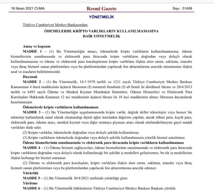 Ödemelerde Kripto Varlıkların Kullanılmamasına Dair Yönetmelik Resmi Gazete’de Yayınlandı Ödemelerde Kripto Varlıkların Kullanılmamasına Dair Yönetmelik Resmi Gazete’de Yayınlandı