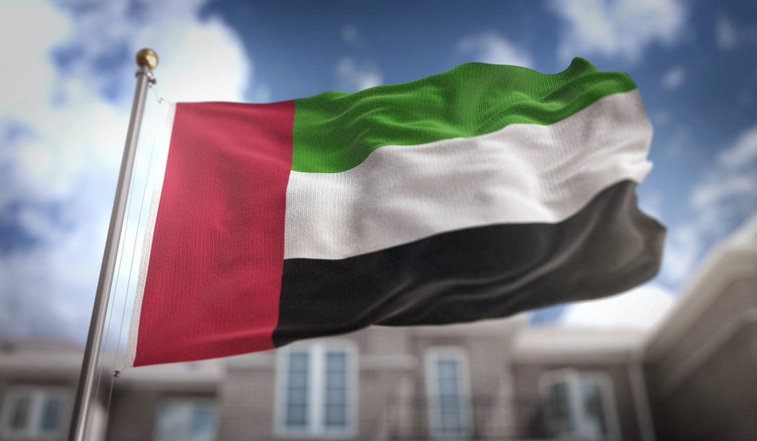 united arab emirates flag 3d rendering blue sky building background
