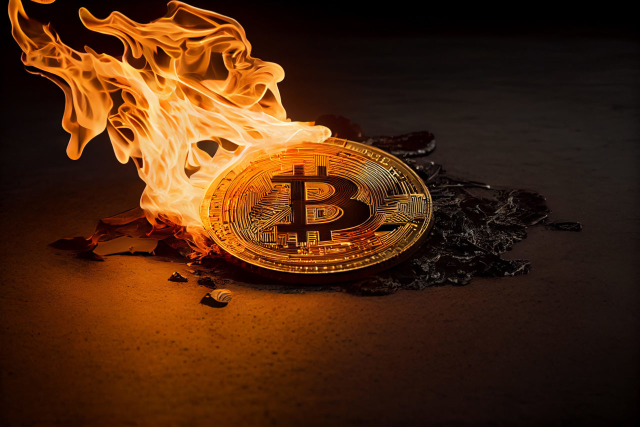 burning fire golden bitcoin black background
