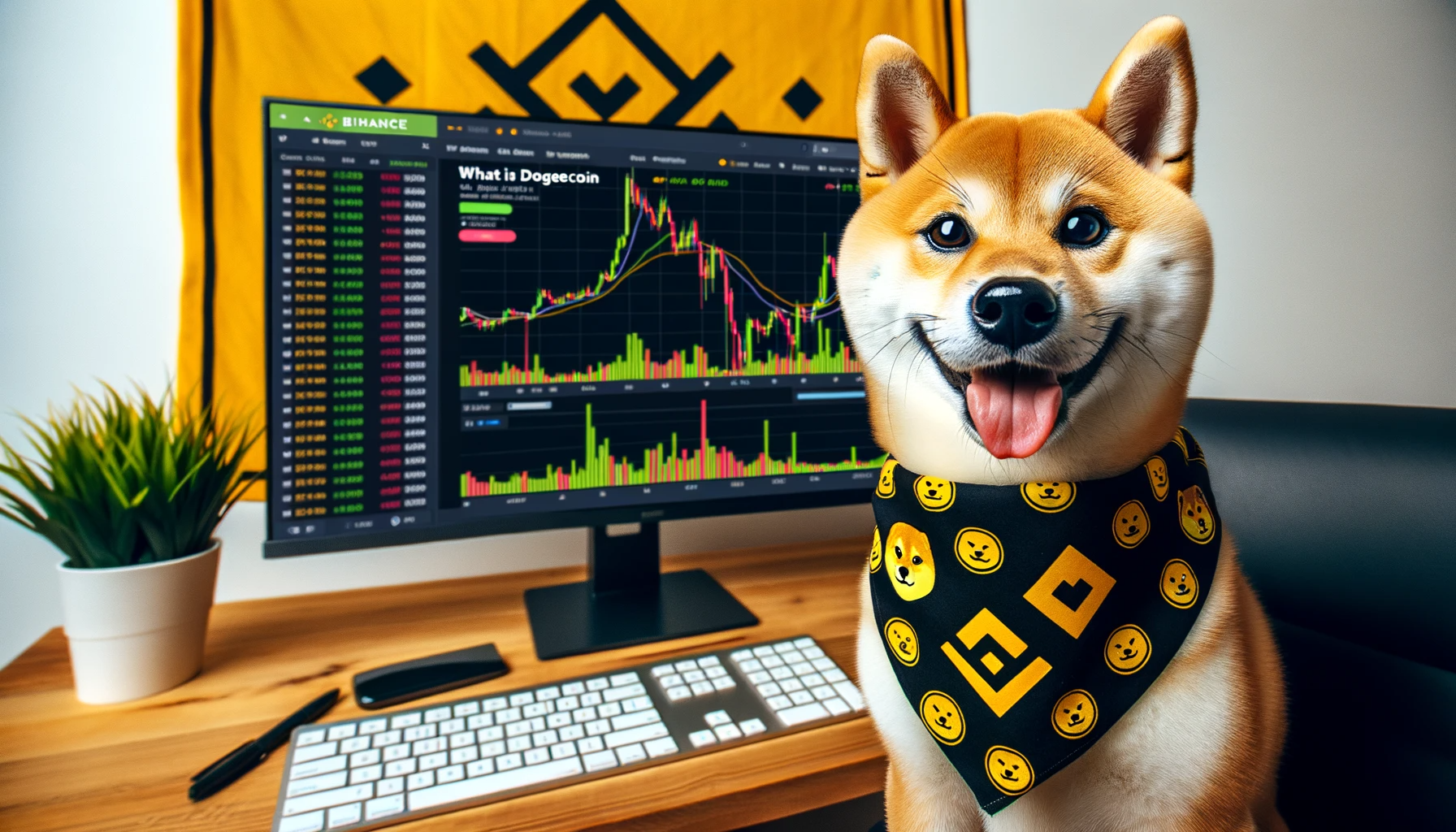 DALL·E 2023 11 02 23.45.41 Photo of a Shiba Inu dog wearing a branded bandana with symbols that represent various cryptocurrencies including Dogecoin sitting in front of a com