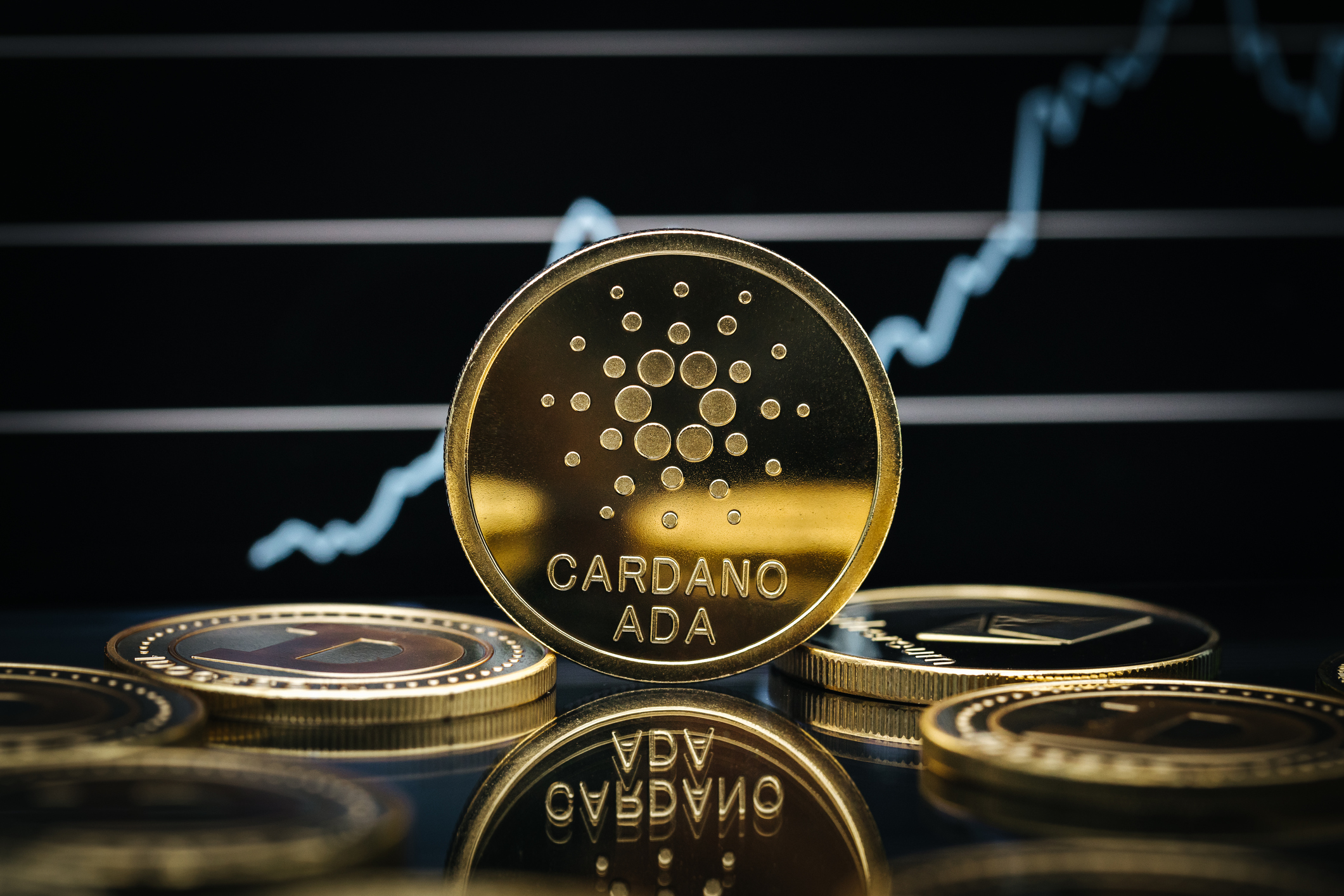 Cardano Ada cryptocurrency coin close up, in front of a price chart