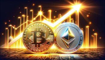 DALL·E 2024 03 09 21.02.24 Revise the image to emphasize the shining vibrant essence of a bull market showcasing only BTC and ETH. The image should feature a graph with an upw kopyasi