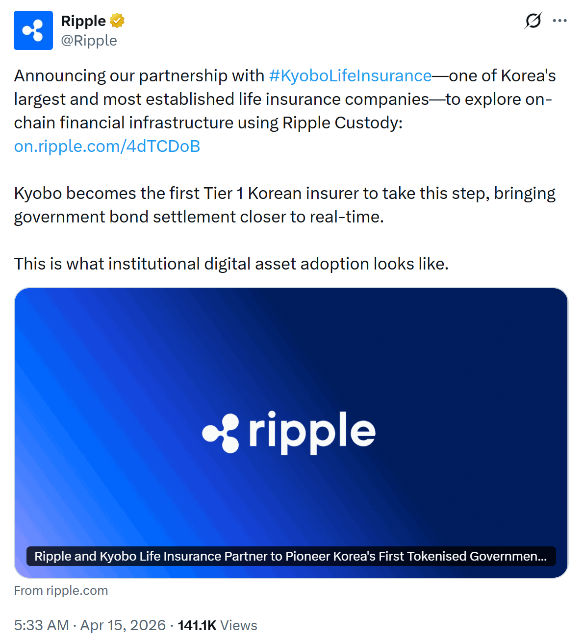Ripple ve Kyobo Life, Güney Kore'de Tokenize Tahvil Pilot Projesiyle Finansı Dönüştürüyor - Grafik